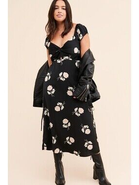 Saltwater Luxe Flower Power Midi Dress Black Puff Sleeve Smocked Back NWT